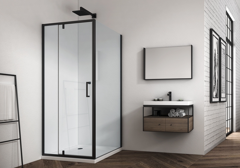 EX-309-2 negru mat 6mm 1 sticlă fixă ​​+ 1 balama sticlă ușă plus cabină de duș cu panou lateral